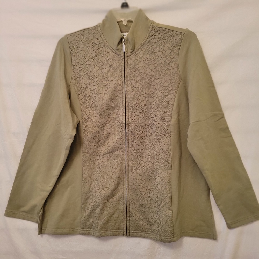 D & Co XL Jacket Sage Green Floral Lace Front Long Sleeve Zip-Up Pockets